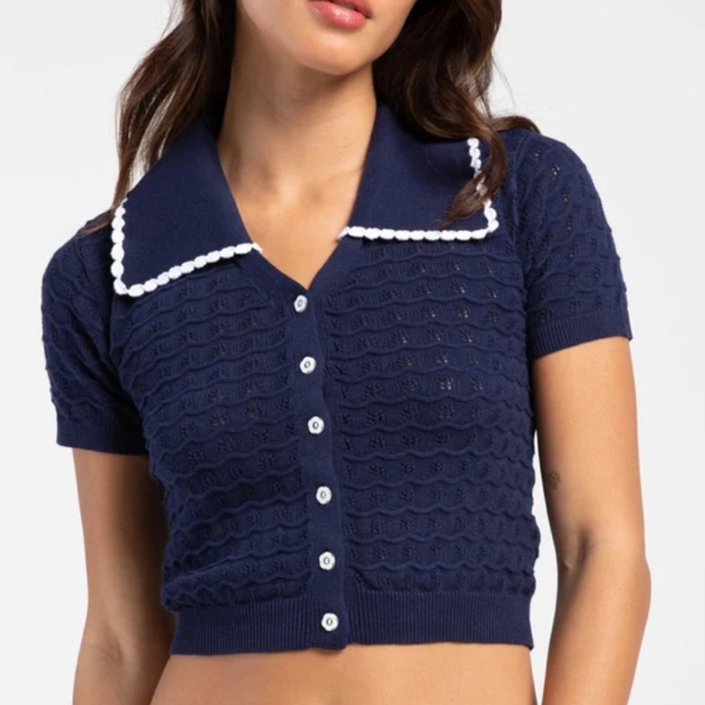Navy Blue Women’s Pointelle Collared Button-Up Cardigan
